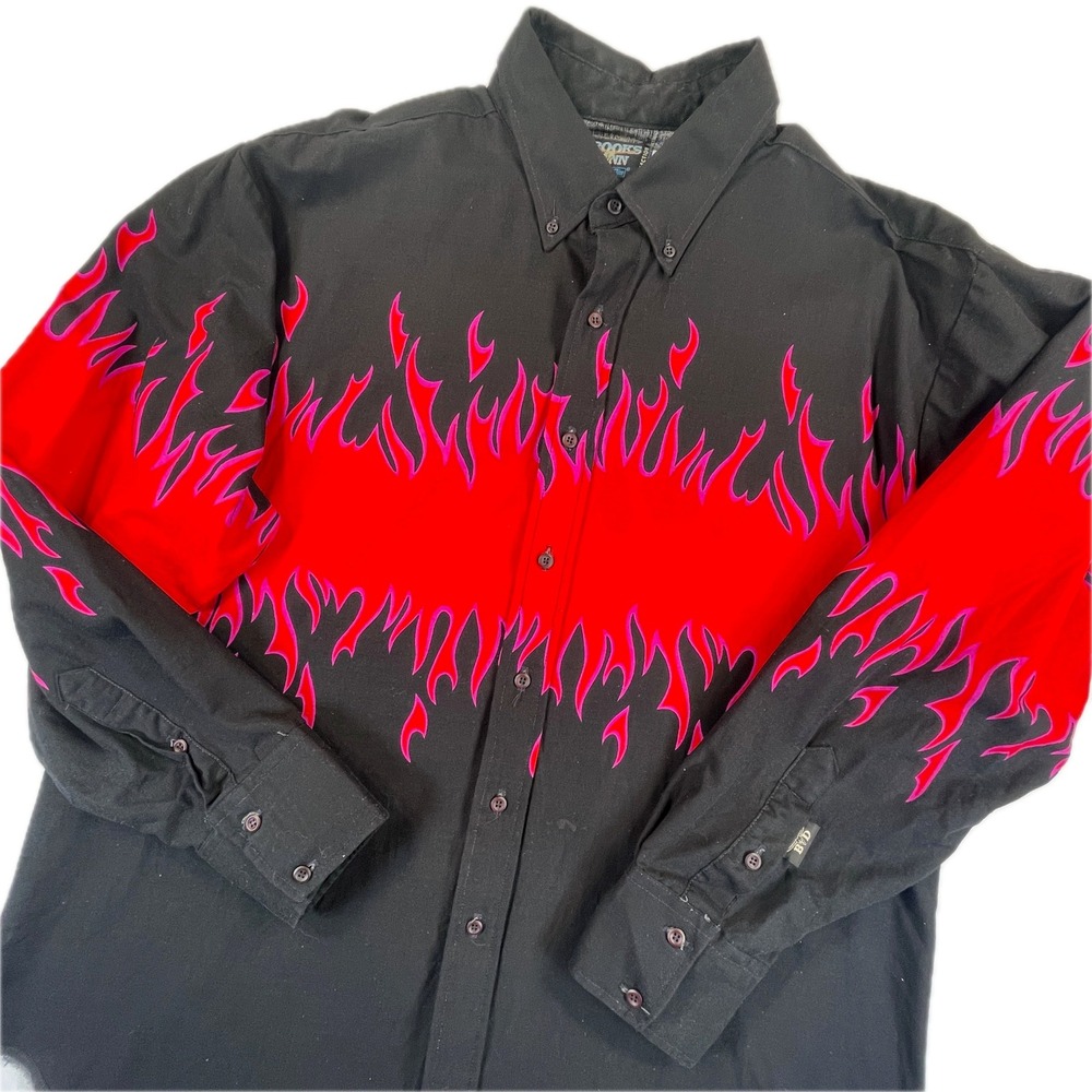 Brooks & Dunn Flame Print Western Shirt 17.5-35 Black Red Panhandle Slim Vintage